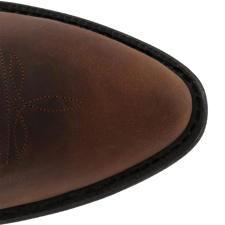 Men's tall cowboy boots with embroidered shaft detailing and low heels