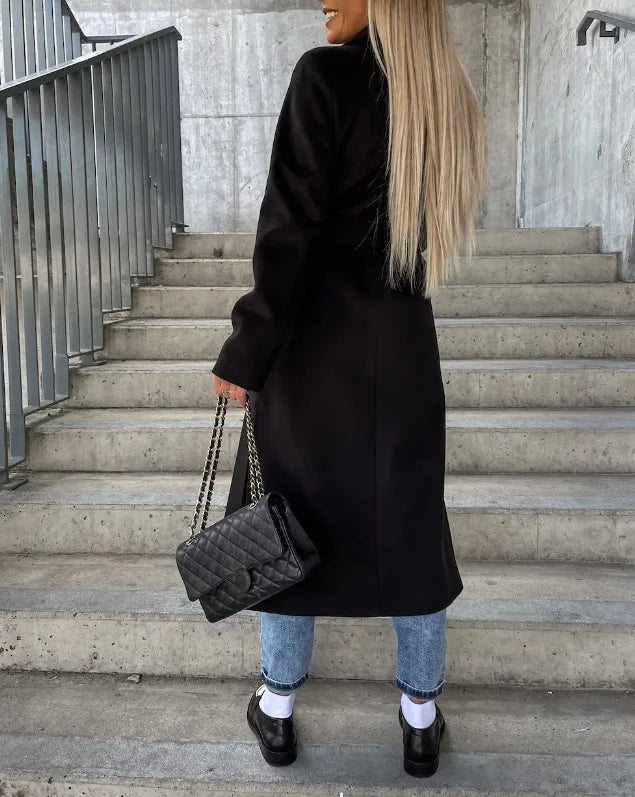 Women's long belted double-breasted trench coat with lapels