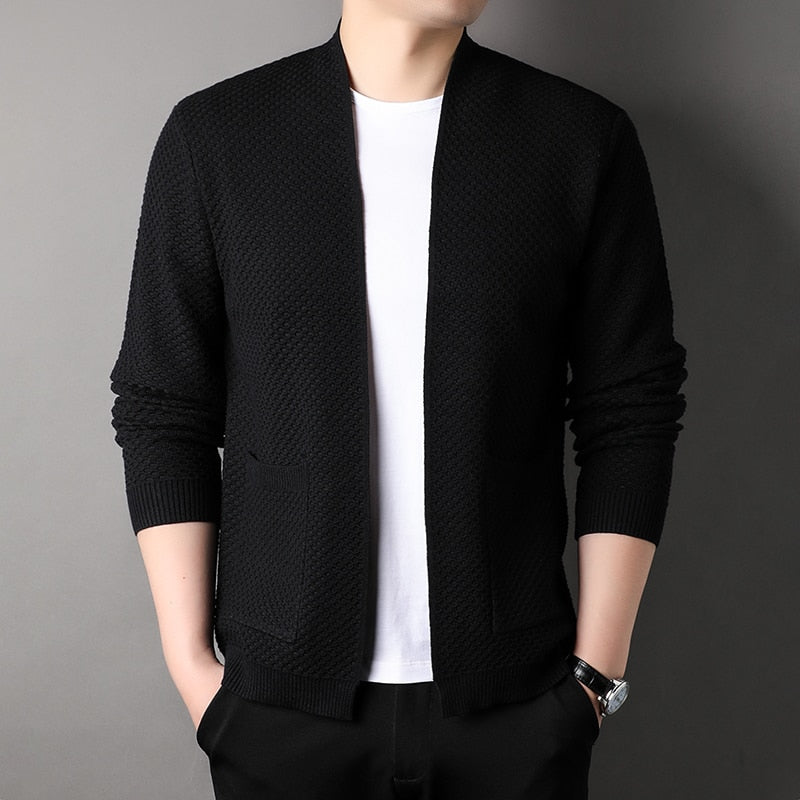 Men's textured open front cardigan with long sleeves and patch pockets