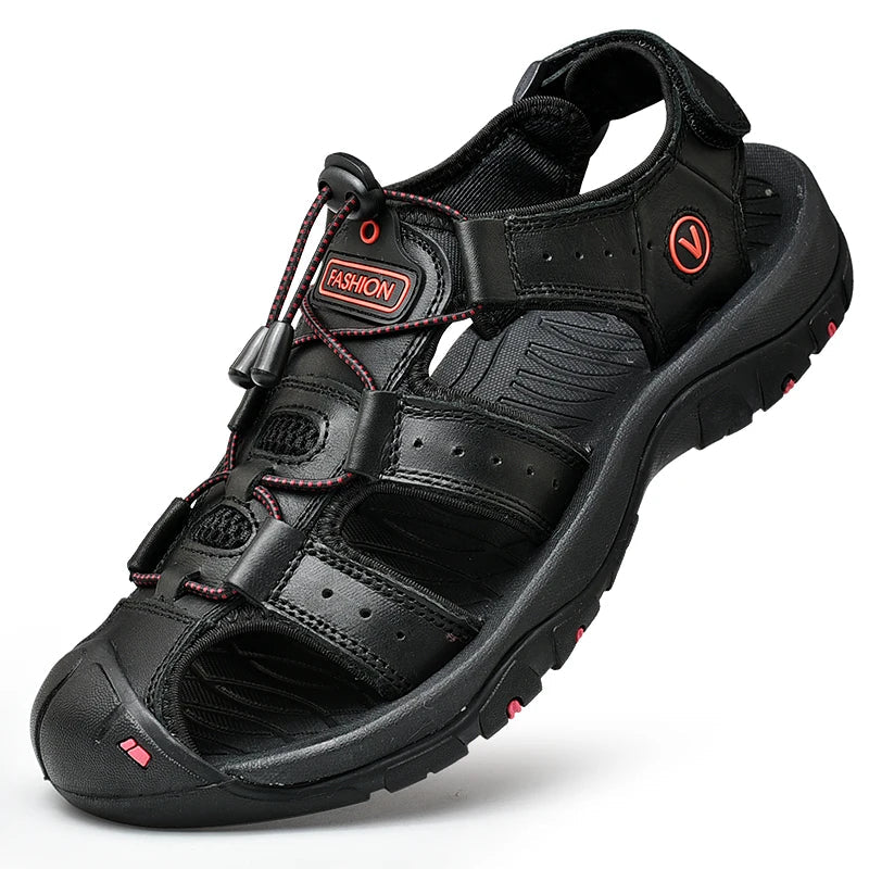 Men's closed-toe hiking sandal with adjustable velcro straps and cushioned midsole, shown in brown and navy colorways