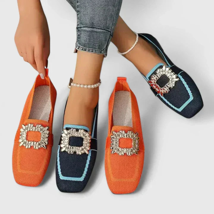 Women's Loafers, Navy and Orange, Jewelled Trim