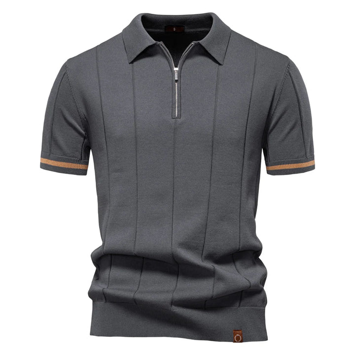 Men's short-sleeve polo shirt with half-zip collar and panel detail