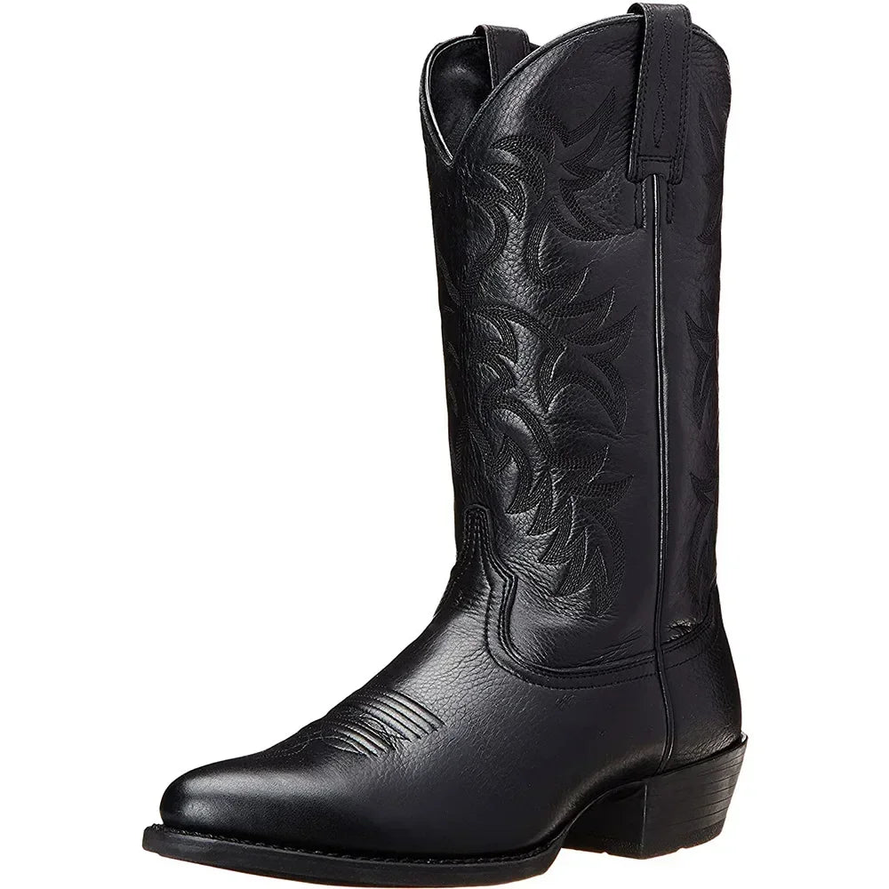 Men's tall cowboy boots with embroidered shaft detailing and low heels