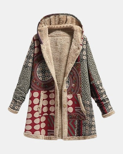 Women's multicoloured geometric hooded coat with long sleeves and contrasting trim