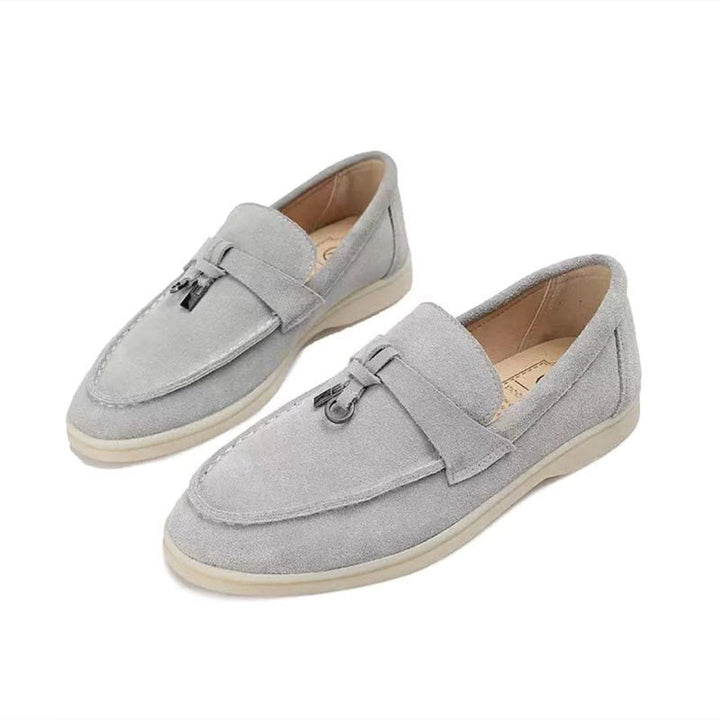 Women's black and grey loafers with pointed toe and cream contrast sole