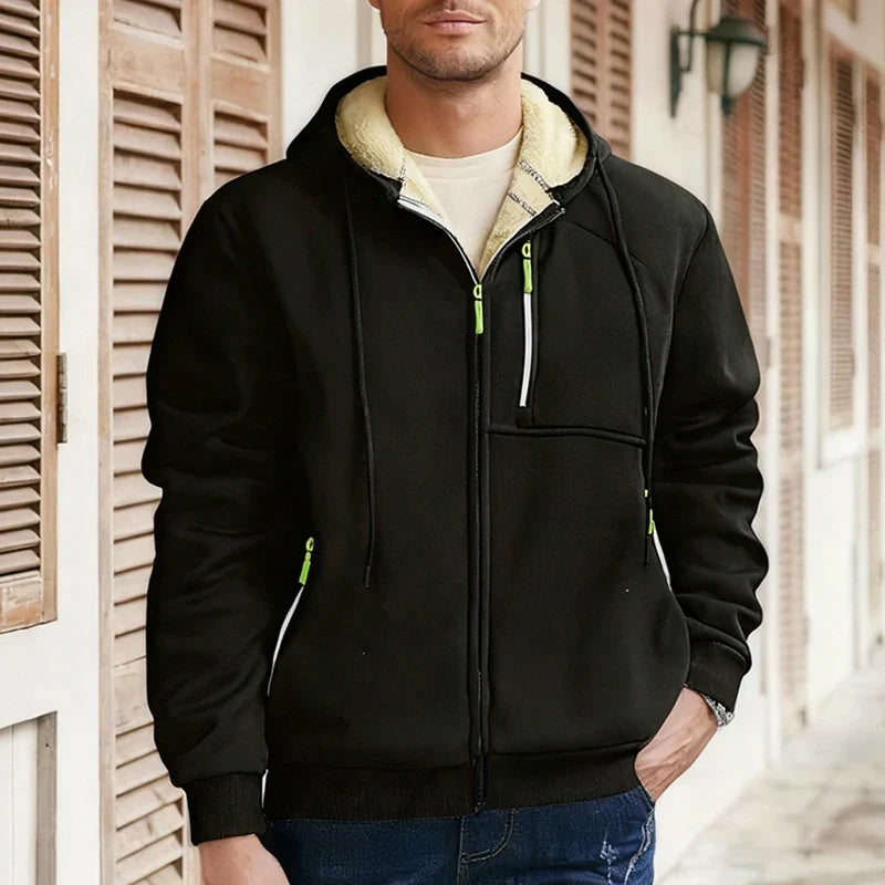 Men's hooded zip jacket with fleece-style lining and zipped pockets