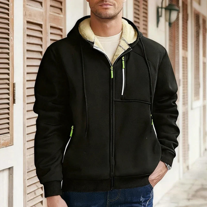 Men's hooded zip jacket with fleece-style lining and zipped pockets