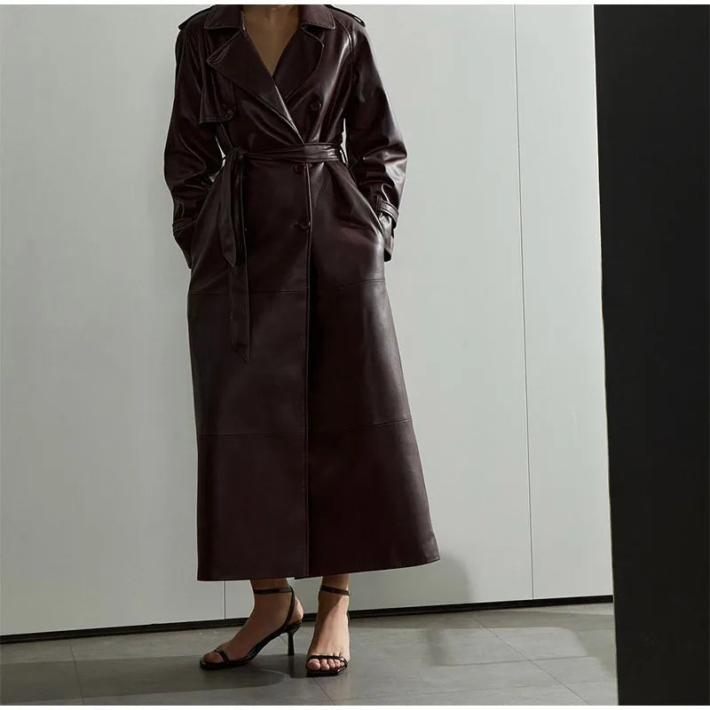 Women's long wine coat with lapel collar, belt and front buttons