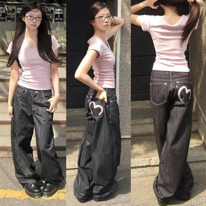 Women's gray wide leg jeans with heart back pocket detail