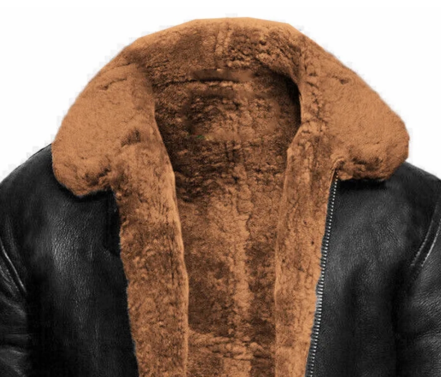 Hooded leather coat with textured lining and zip front