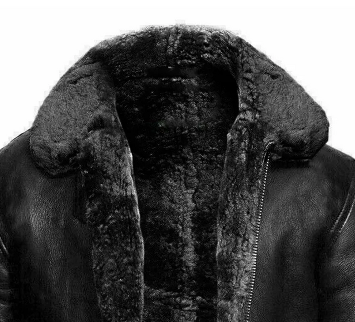 Hooded leather coat with textured lining and zip front