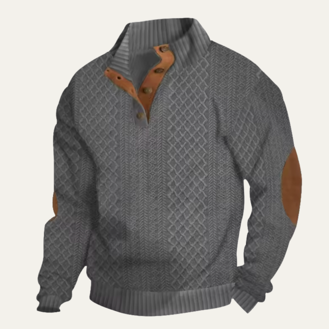 Men's textured jumper with mock neck and elbow patches