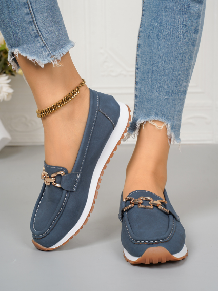 Women's flat loafers with metal buckle detail and round toes