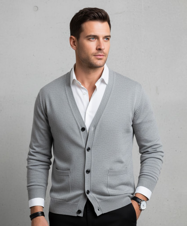 Men's V-neck button cardigan with long sleeves