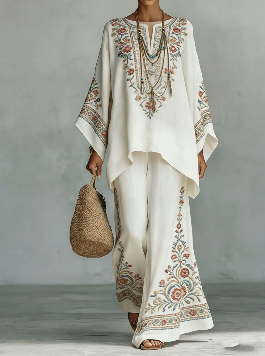 Women's two-piece oversized linen set with wide-leg trousers