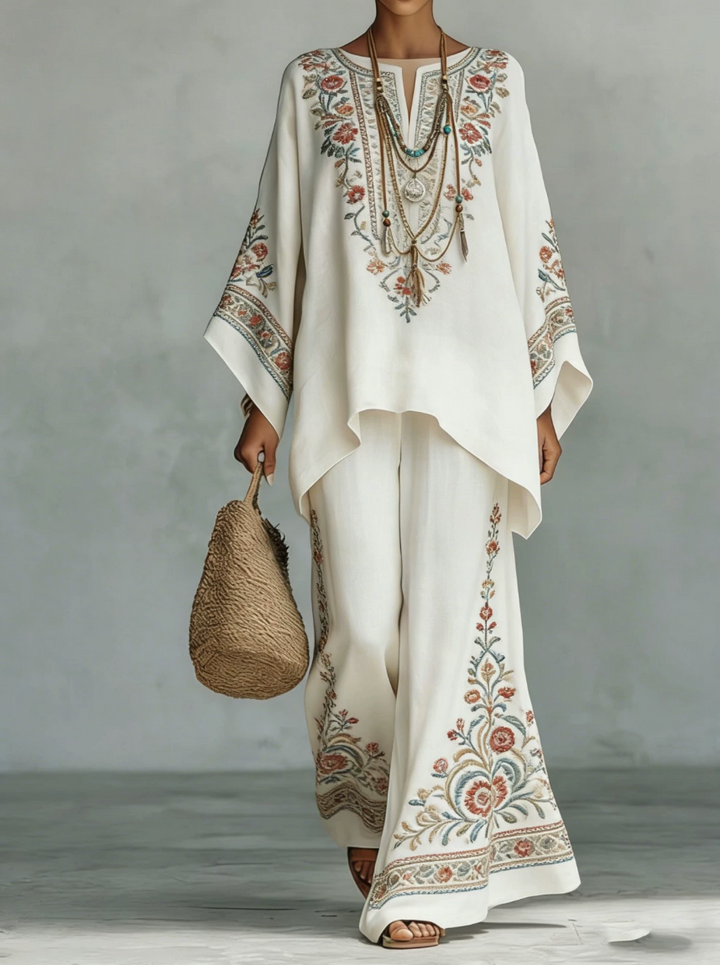 Women's two-piece oversized linen set with wide-leg trousers