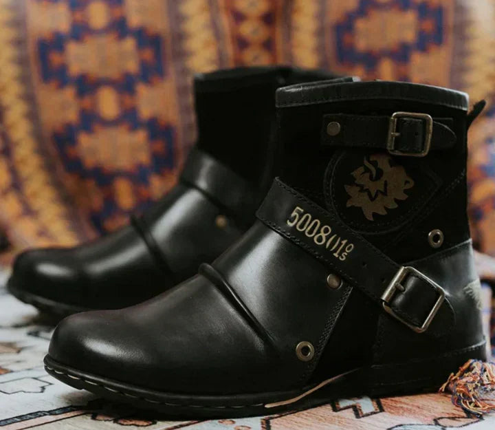 Men's ankle biker boots with buckle straps, rounded toes and decorative side panels