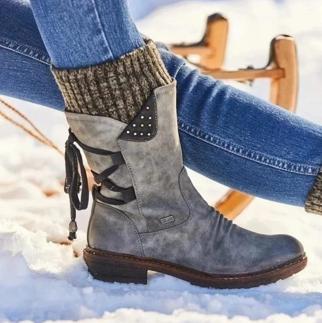 Women's ankle boots with side lacing, stud detail and low block heel