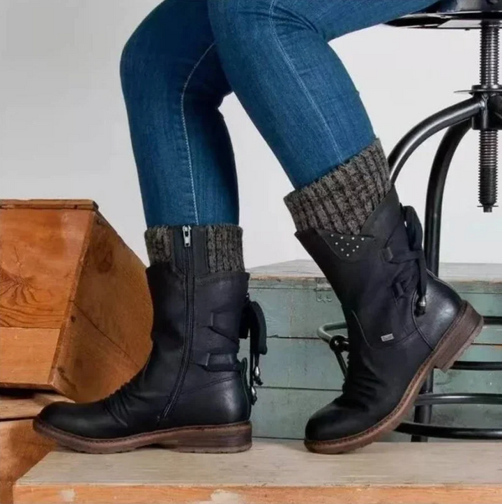 Women's ankle boots with side lacing, stud detail and low block heel