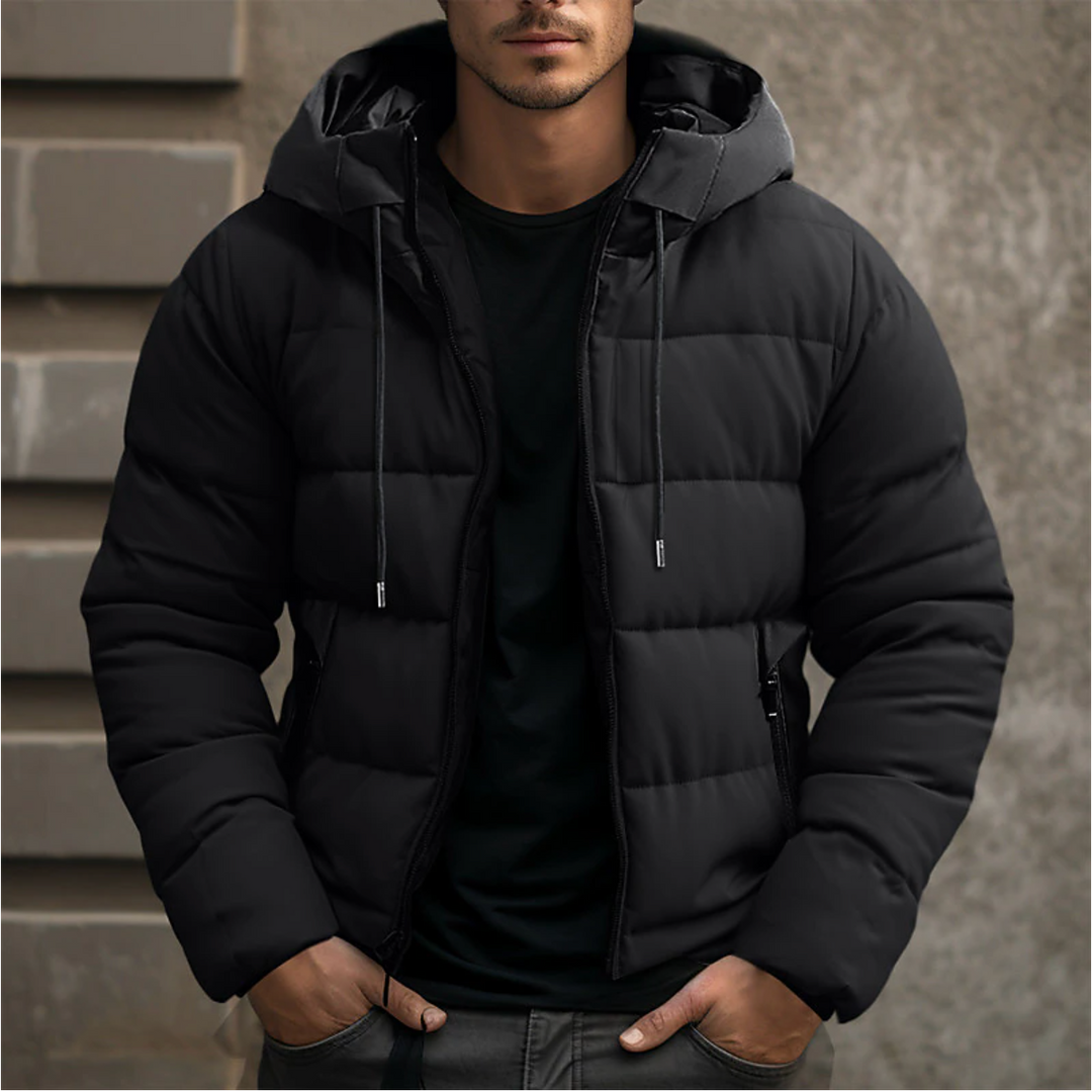 Men's quilted hooded puffer jacket with zip pockets