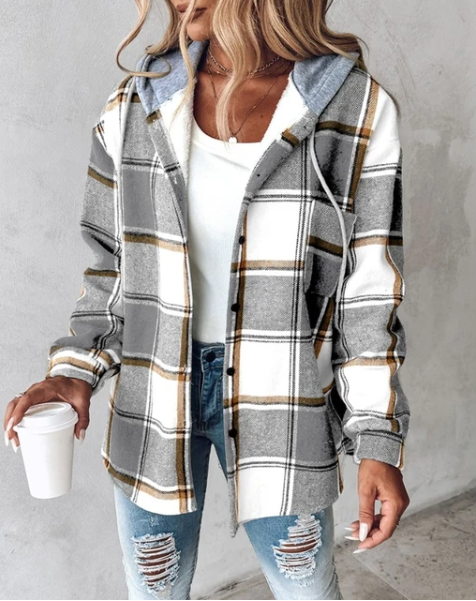 Women's green and cream plaid flannel jacket with drawstring hood and button front