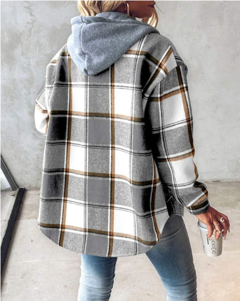 Women's green and cream plaid flannel jacket with drawstring hood and button front