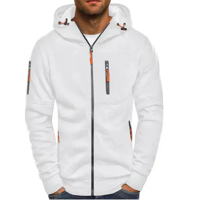 Men's hooded full-zip jacket with long sleeves and zipped pockets