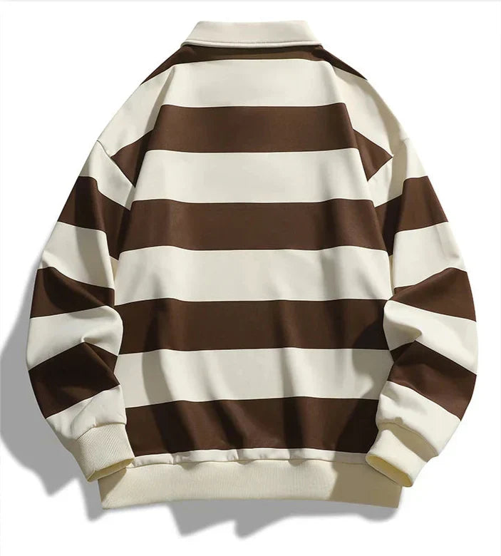 Unisex striped polo jumper with long sleeves, button placket and ribbed trims