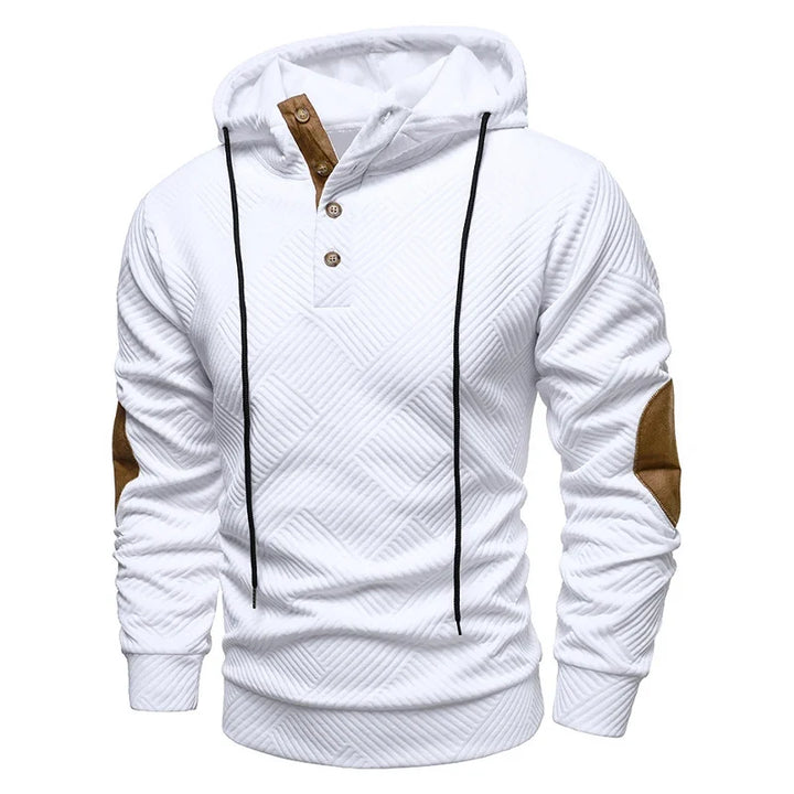 Men's textured geometric hoodie with drawstring hood and contrasting elbow panels