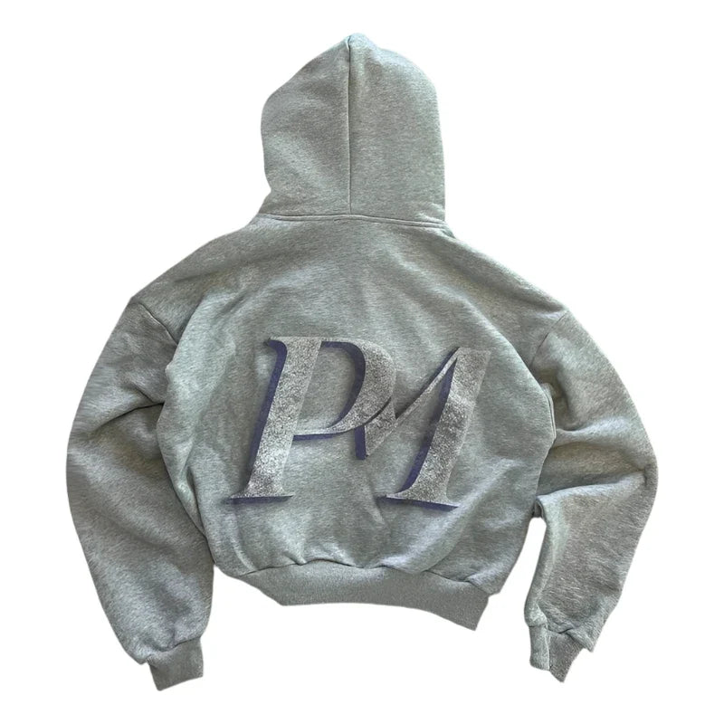 Women's grey graphic zip-up hoodie with front pockets