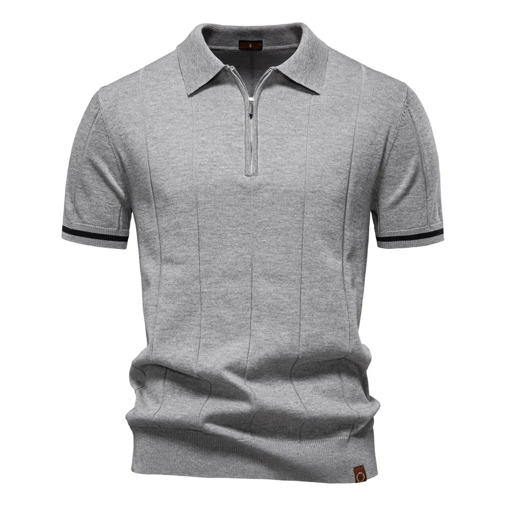 Men's short-sleeve polo shirt with half-zip collar and panel detail