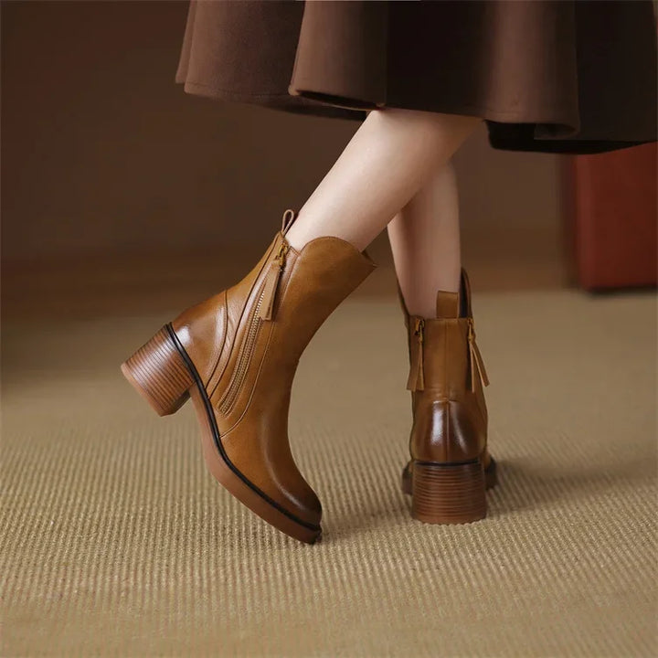 Women's plain mid-calf boots with side zips and block heels
