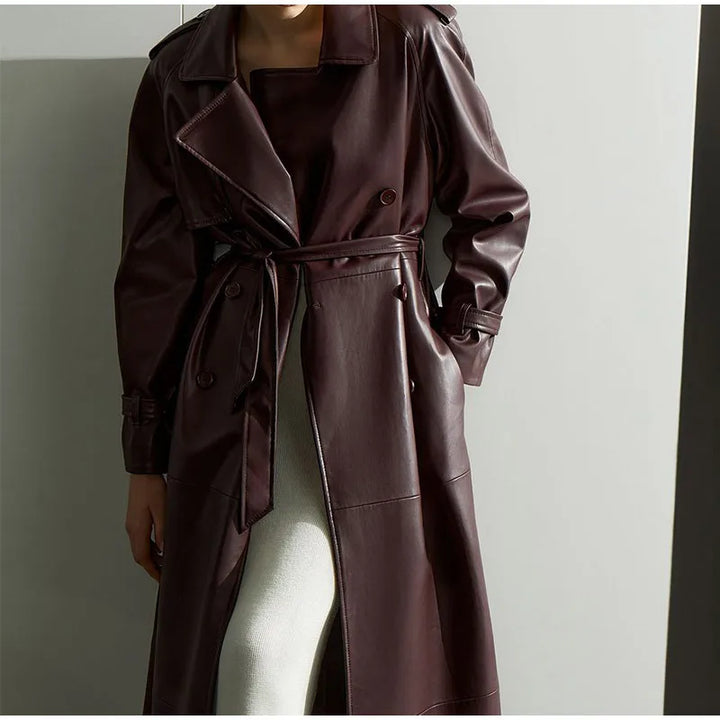 Women's long wine coat with lapel collar, belt and front buttons