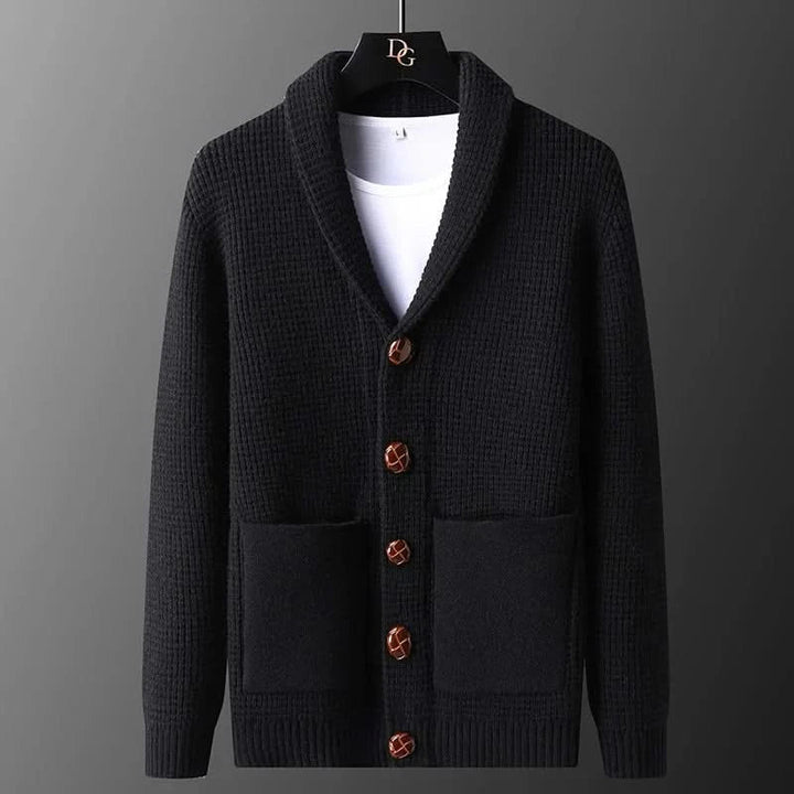 Men's textured knit cardigan with shawl collar, buttons and patch pockets