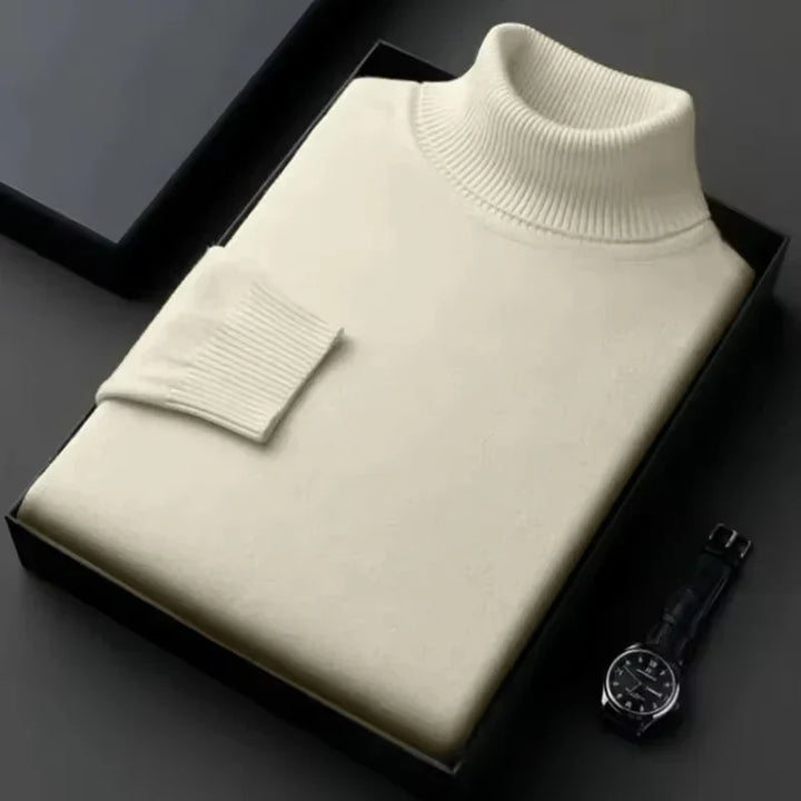 Men's ribbed turtleneck jumper folded in a presentation box
