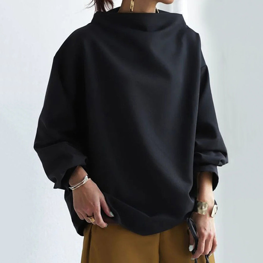 Black high-neck pullover sweater with long sleeves