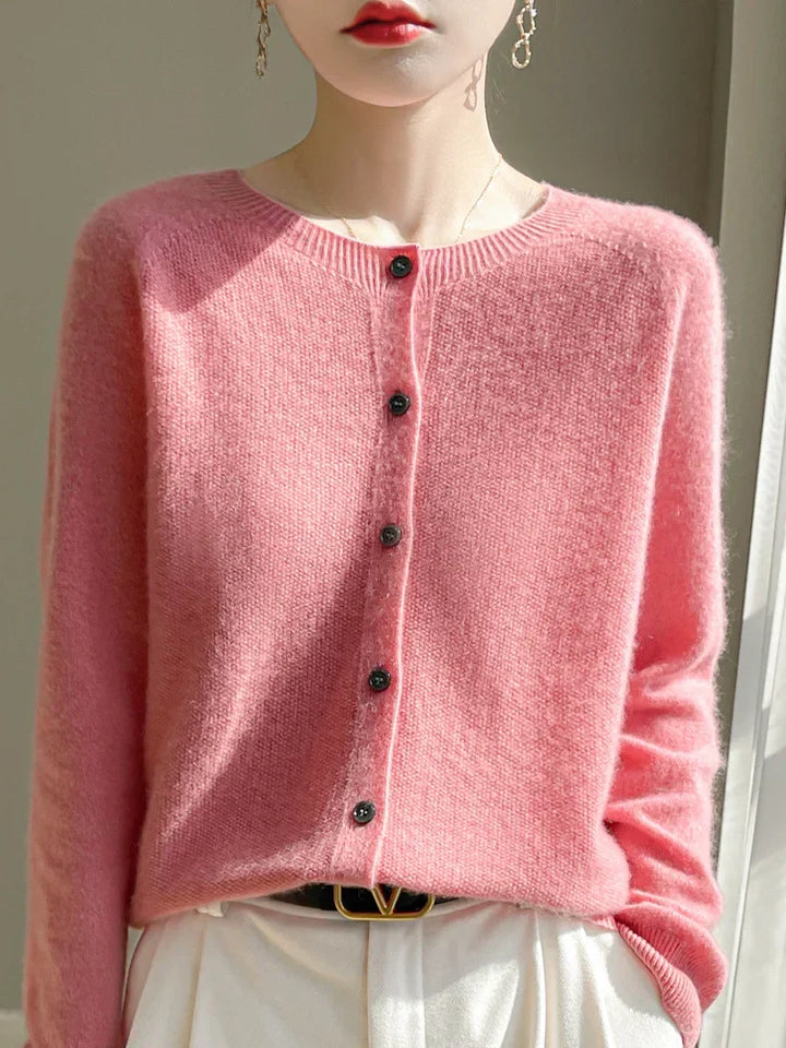 Women's knitted button-front cardigan with round neck and long sleeves