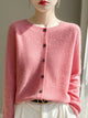 Women's knitted button-front cardigan with round neck and long sleeves