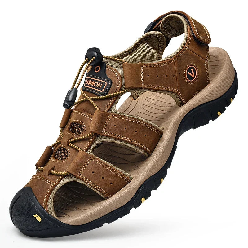 Men's brown closed-toe hiking sandals with adjustable straps and grip sole