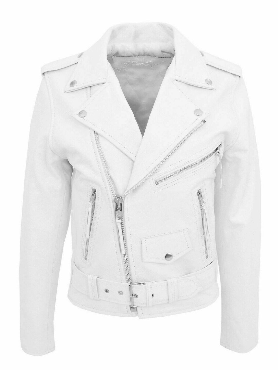 Men's biker jacket with asymmetric zip, lapel collar, zipped pockets and belted waist