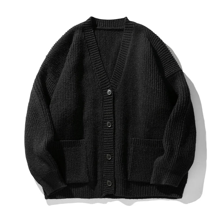 Women's oversized ribbed knit cardigan with V-neck, buttons and front pockets