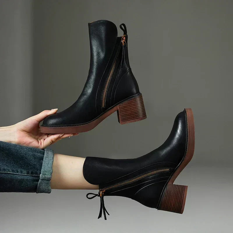 Women's plain mid-calf boots with side zips and block heels