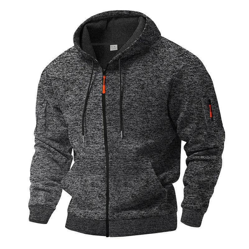 Men's textured fleece hooded jacket with full zip, front pockets and sleeve zip pocket