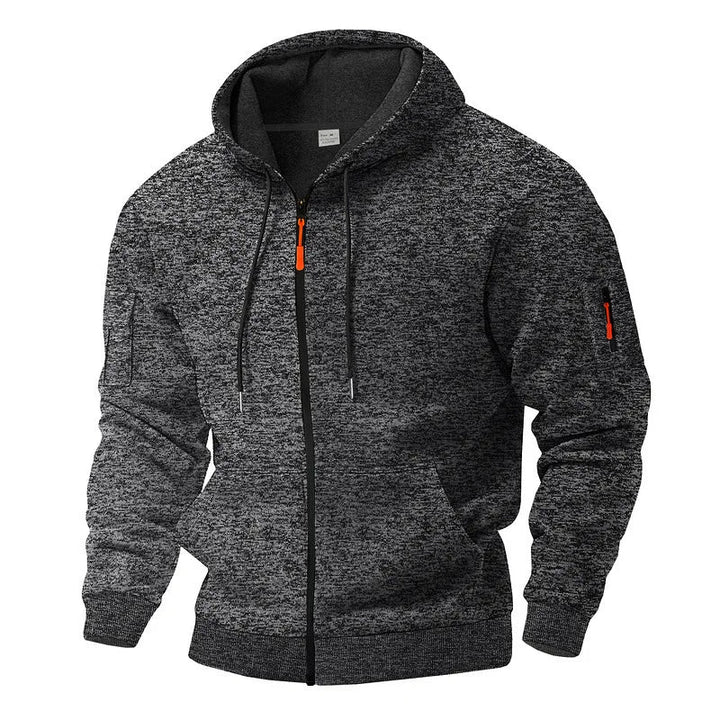 Men's textured fleece hooded jacket with full zip, front pockets and sleeve zip pocket