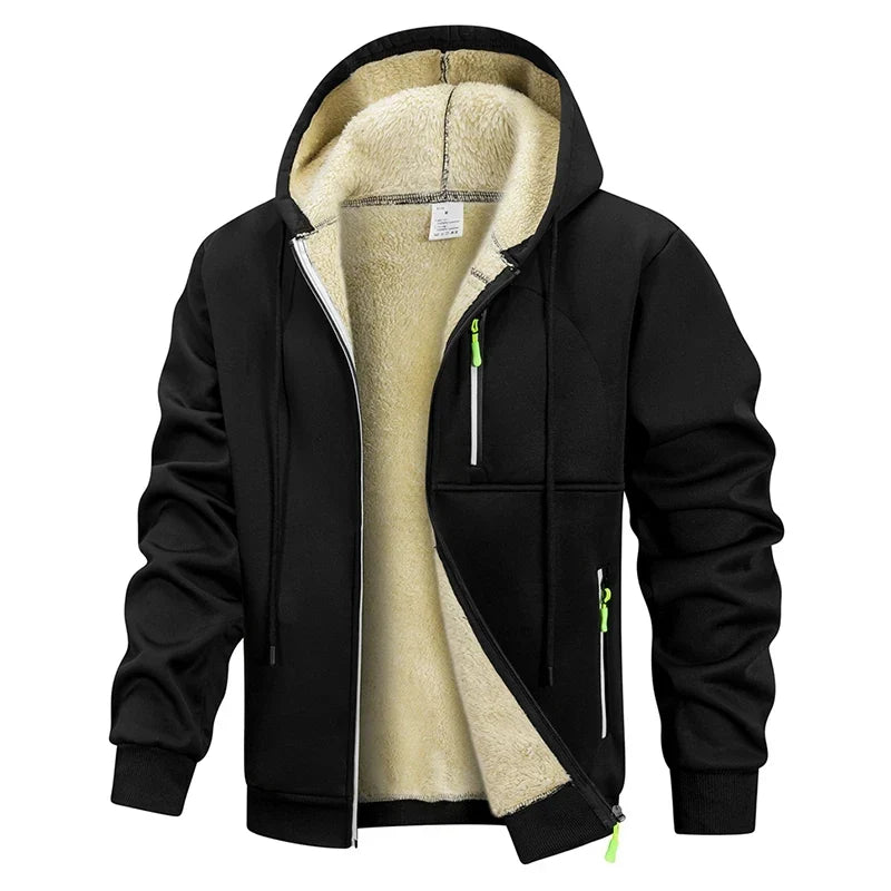 Men's hooded zip jacket with fleece-style lining and zipped pockets