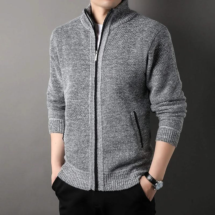 Men's textured knit jacket with mock neck, zip front and side pockets