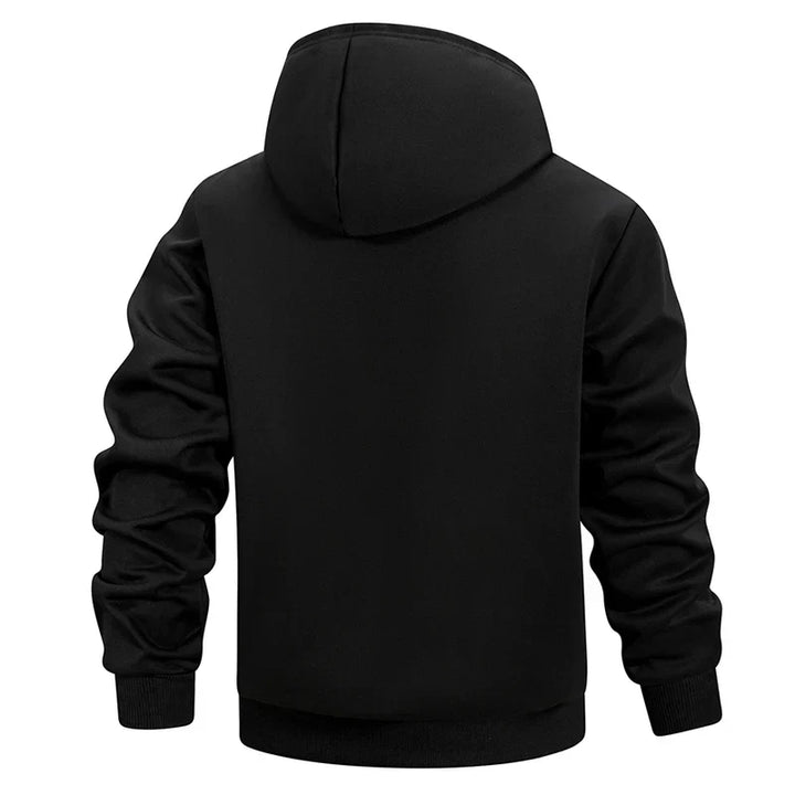 Men's hooded zip jacket with fleece-style lining and zipped pockets