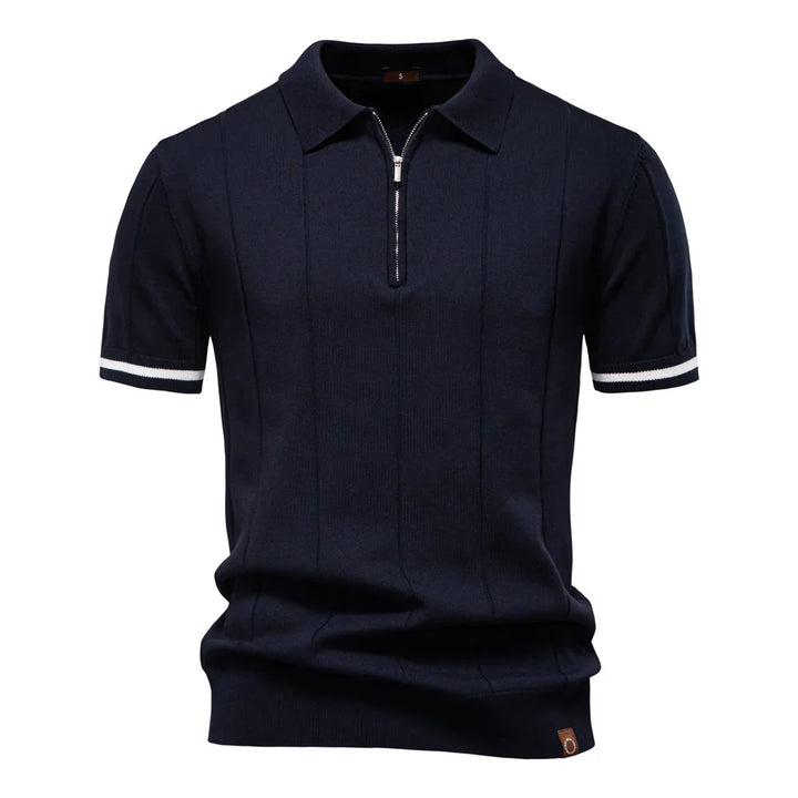 Men's short-sleeve polo shirt with half-zip collar and panel detail