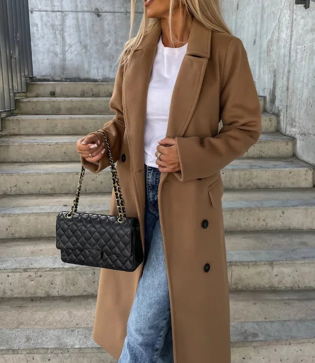 Women's long belted double-breasted trench coat with lapels