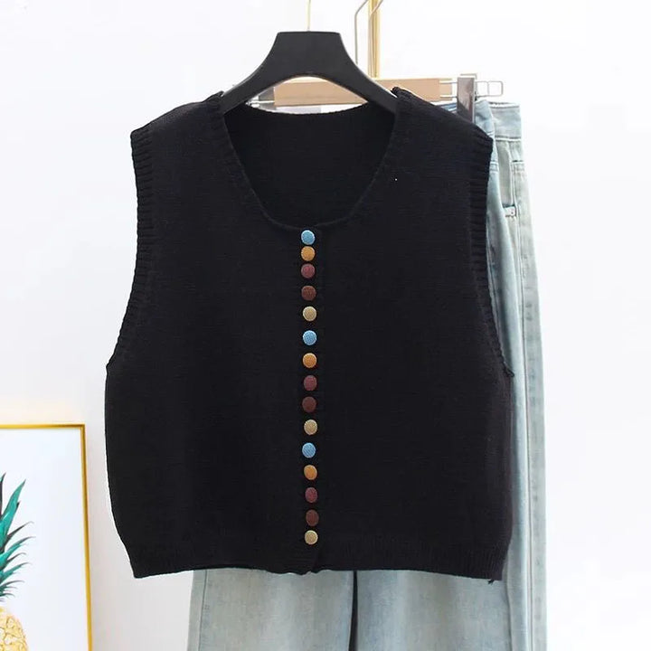 Sleeveless knit vest with round neckline and multicoloured button front